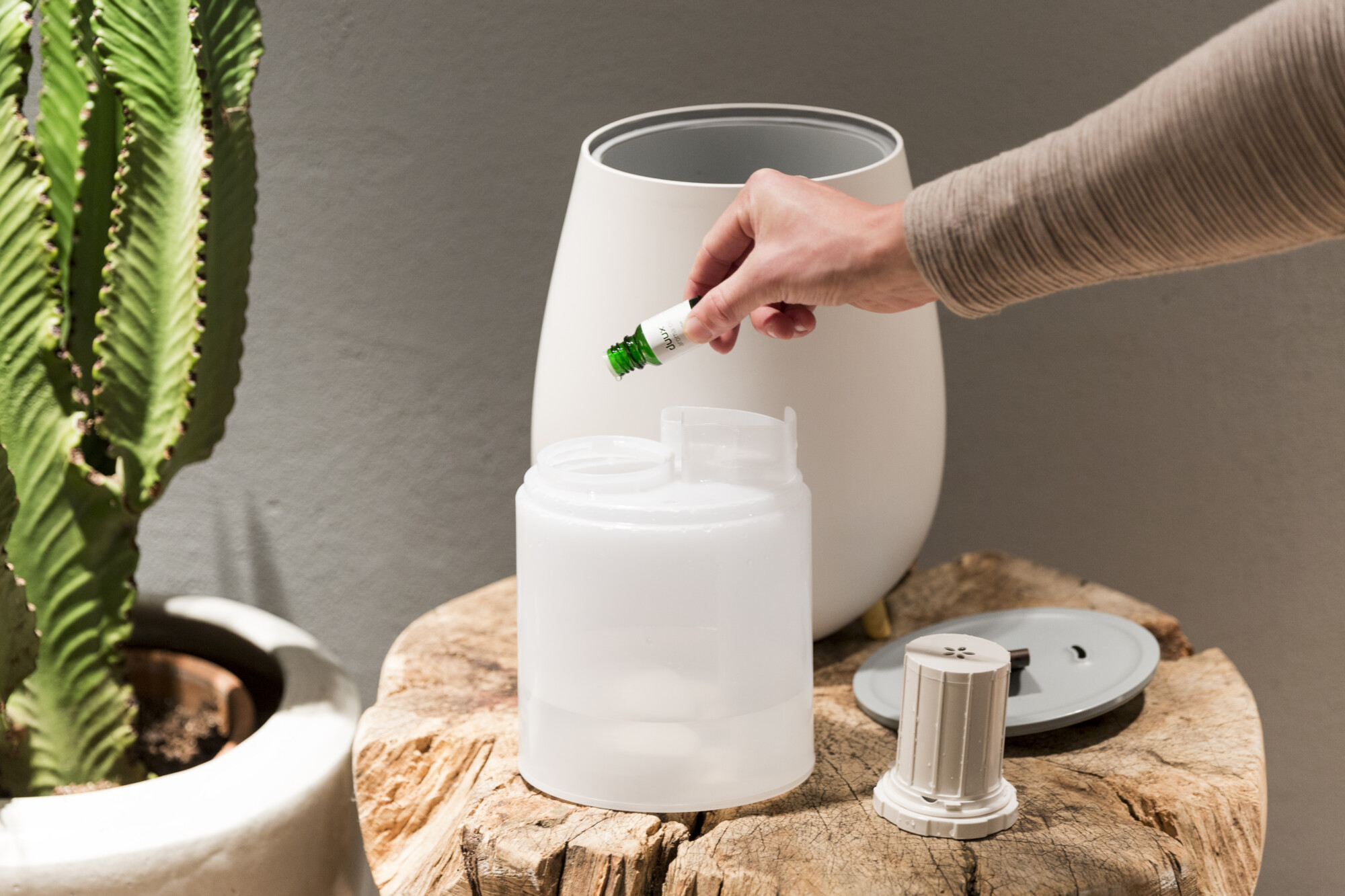 Duux Tag Ultrasonic Humidifier in white with essential oils being added to the water for aromatherapy. 