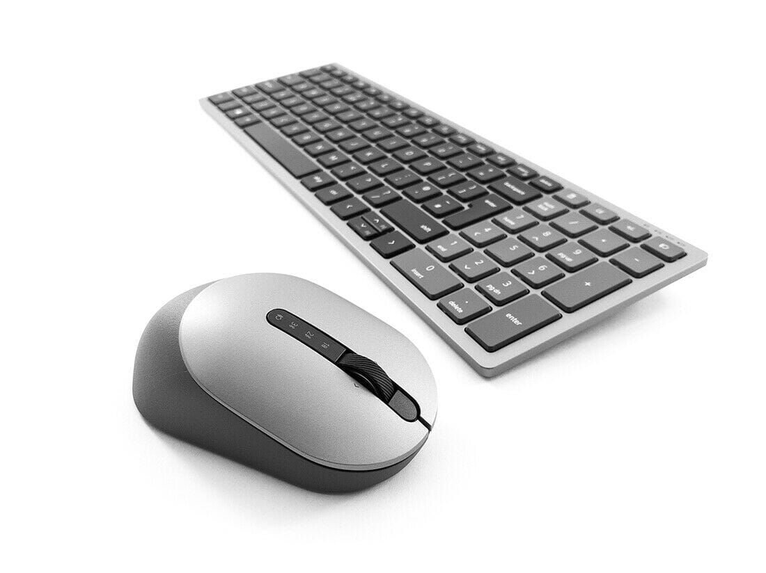 The slim and modern Dell Full Size Keyboard & Mouse set in Black and Silver gives comfort all day with the height-adjustable keyboard, numeric touchpad and easy to switch between 3 devices with the toggle button on the mouse. 