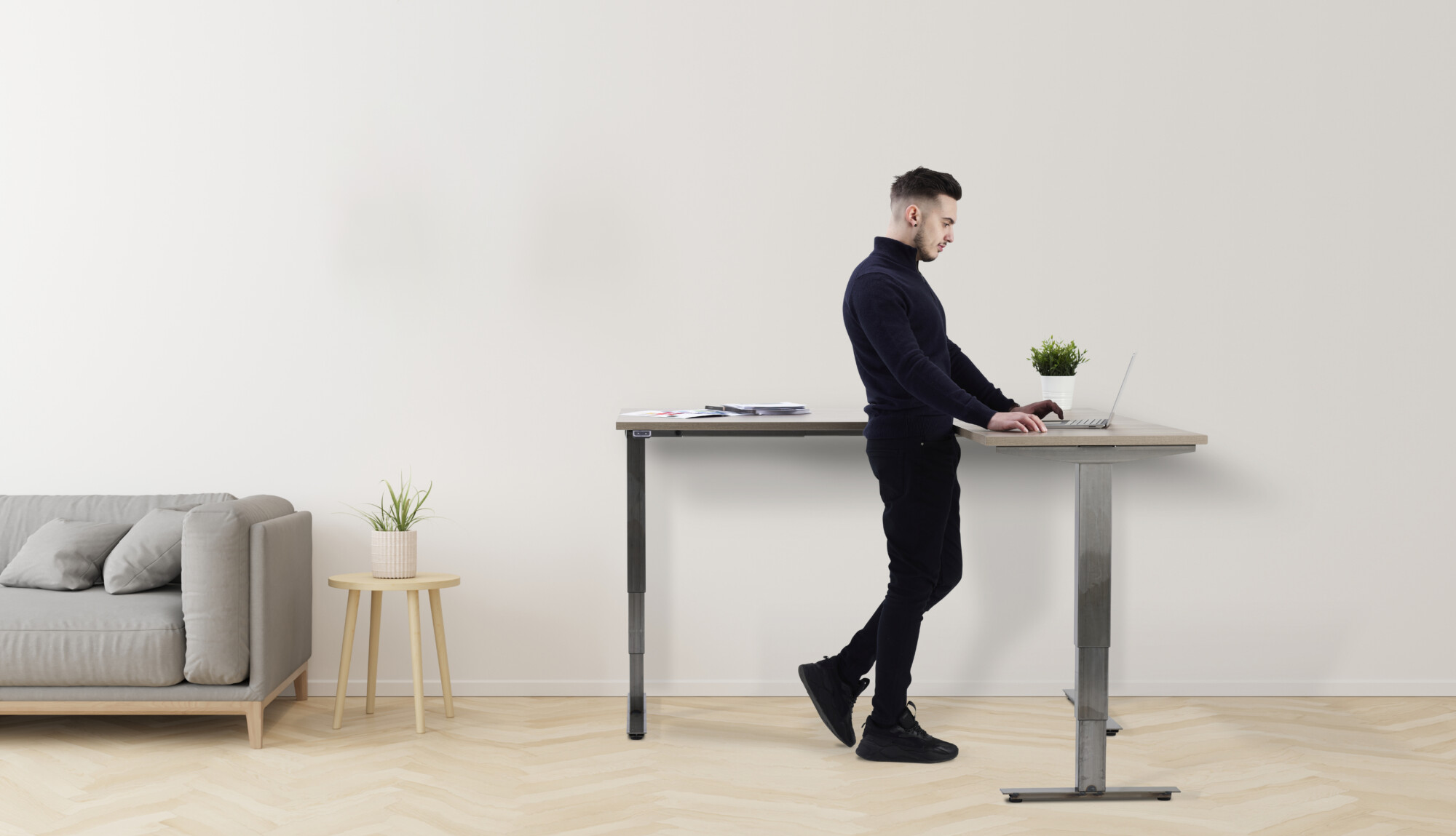 The large industrial-style standing desk is designed to keep you moving whilst working from home, with an ergonomic electric height adjustable function that caters for everyone, with a three-stage leg resulting in the largest variation from 640mm-1300mm.