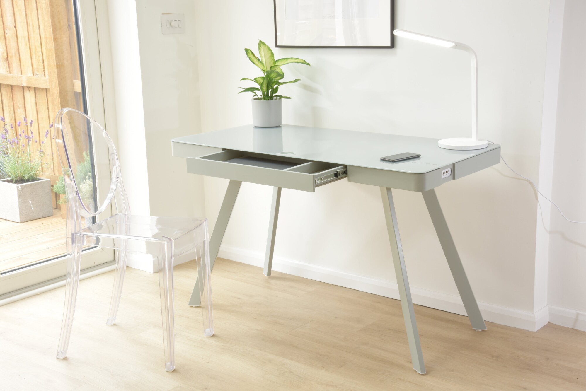 Silas 2.0 Smart Desk – Light Grey Glass Top 