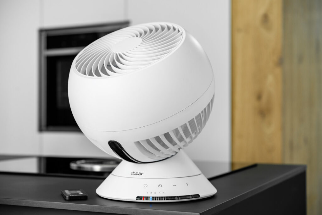 The compact Globe Table Fan in White is a great accessory for your home office desk.