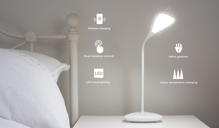 The Koble Elliptical is a modern desk lamp, that incorporates wireless charging for compatible smartphones.